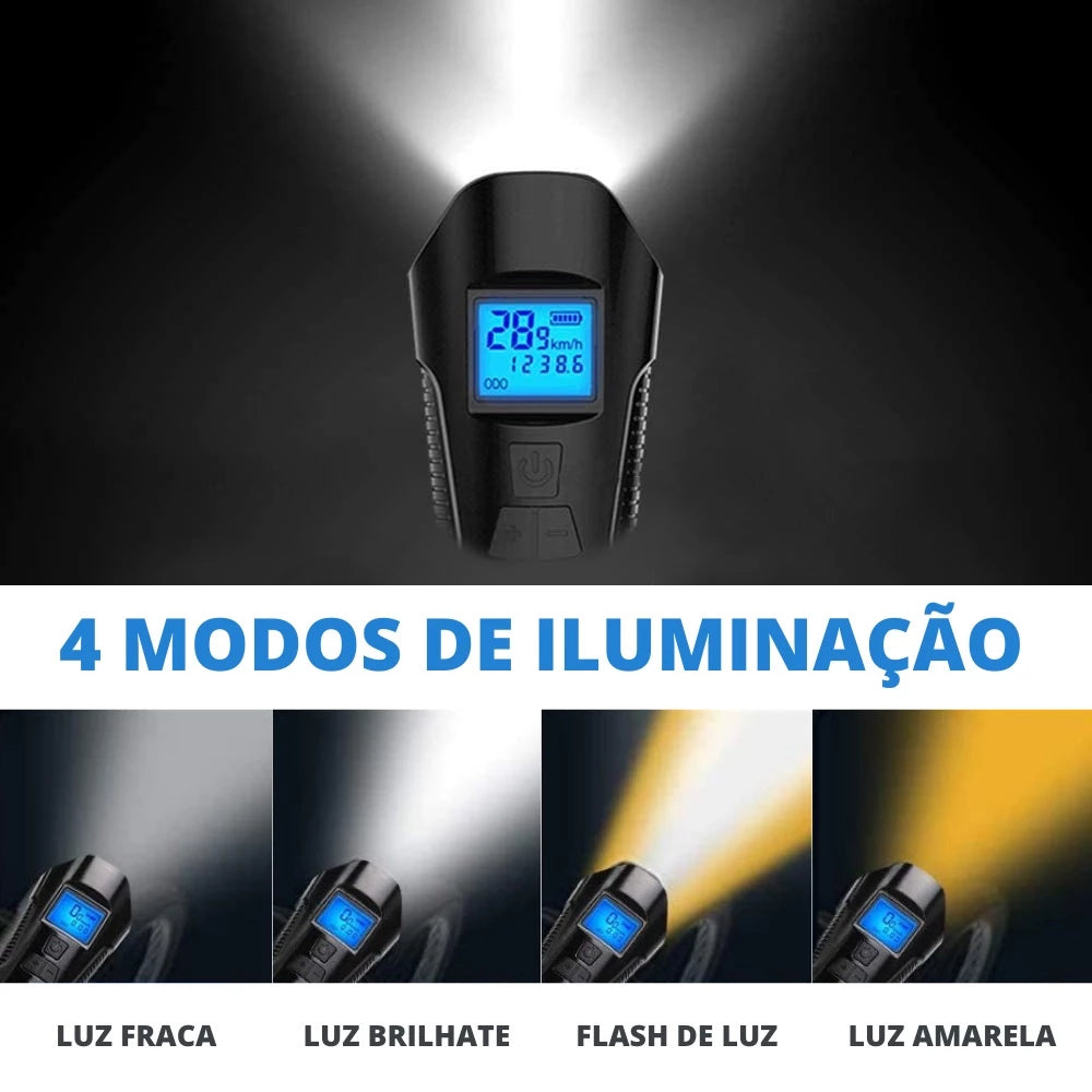 Kit Farol Bike Led Buzina e Velocimetro + Pisca Traseiro