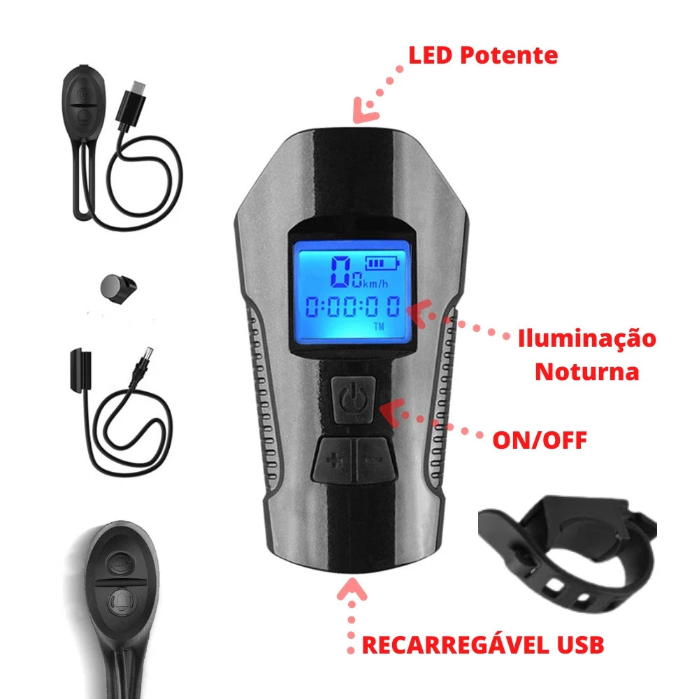 Kit Farol Bike Led Buzina e Velocimetro + Pisca Traseiro