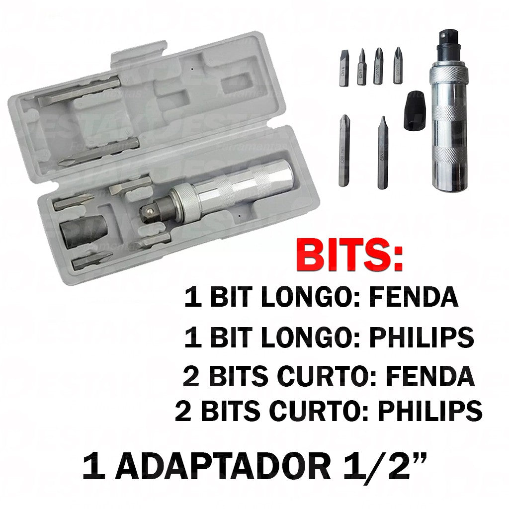 Jogo Kit Chave De Impacto 1/2 Com Bits e Soquete 6 Peças Snel