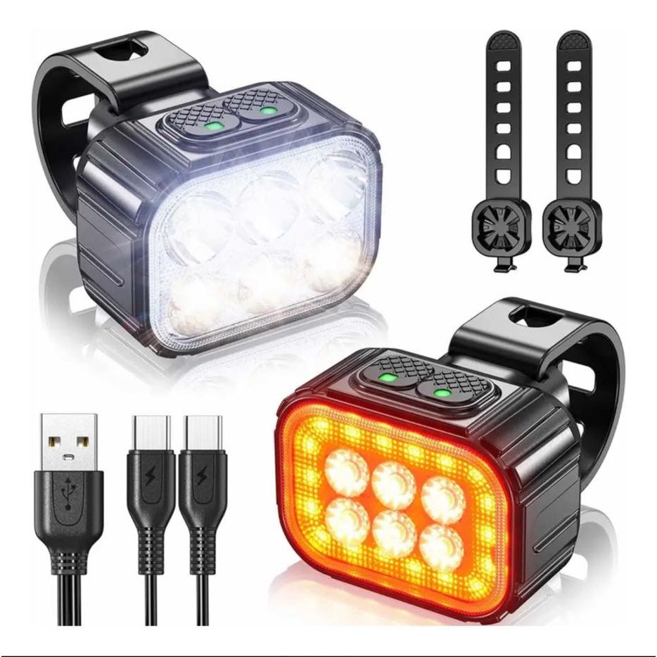 Kit Farol + Lanterna Traseira Bike 6 Led Recarregável USB EC6906