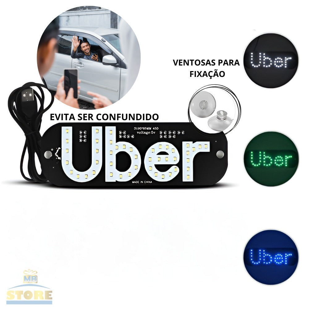 Placa Uber Letreiro para Carro Iluminação 3 Cores com Ventosa Para-Brisa USB com Botão Liga e Desliga