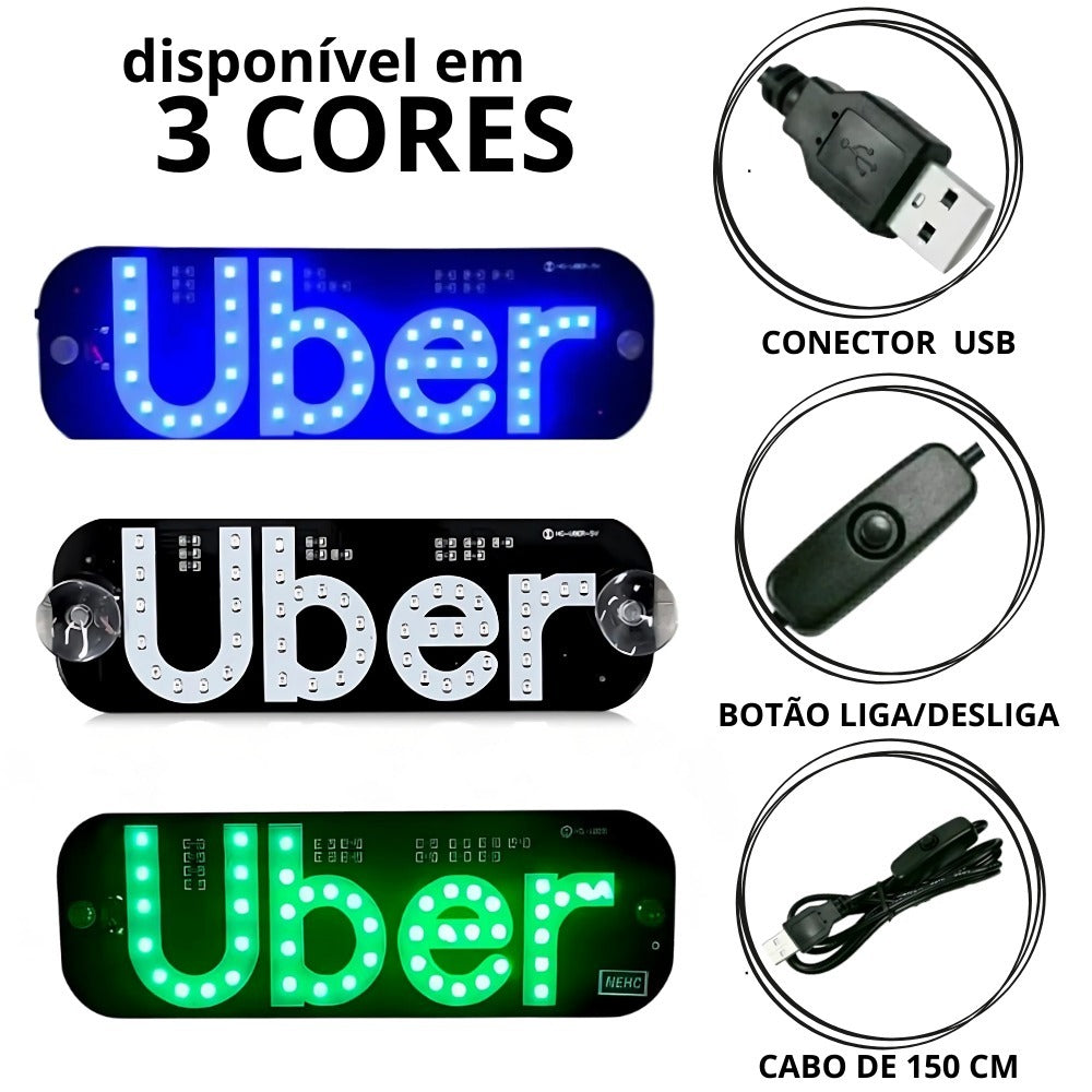 Placa Uber Letreiro para Carro Iluminação 3 Cores com Ventosa Para-Brisa USB com Botão Liga e Desliga
