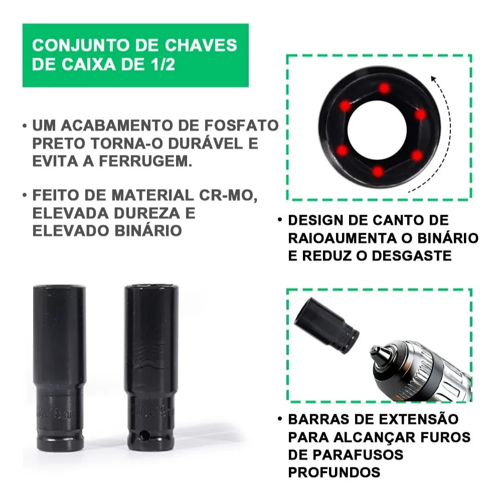 Jogo de Soquetes de Impacto Longo 8mm - 32mm - 20 Peças