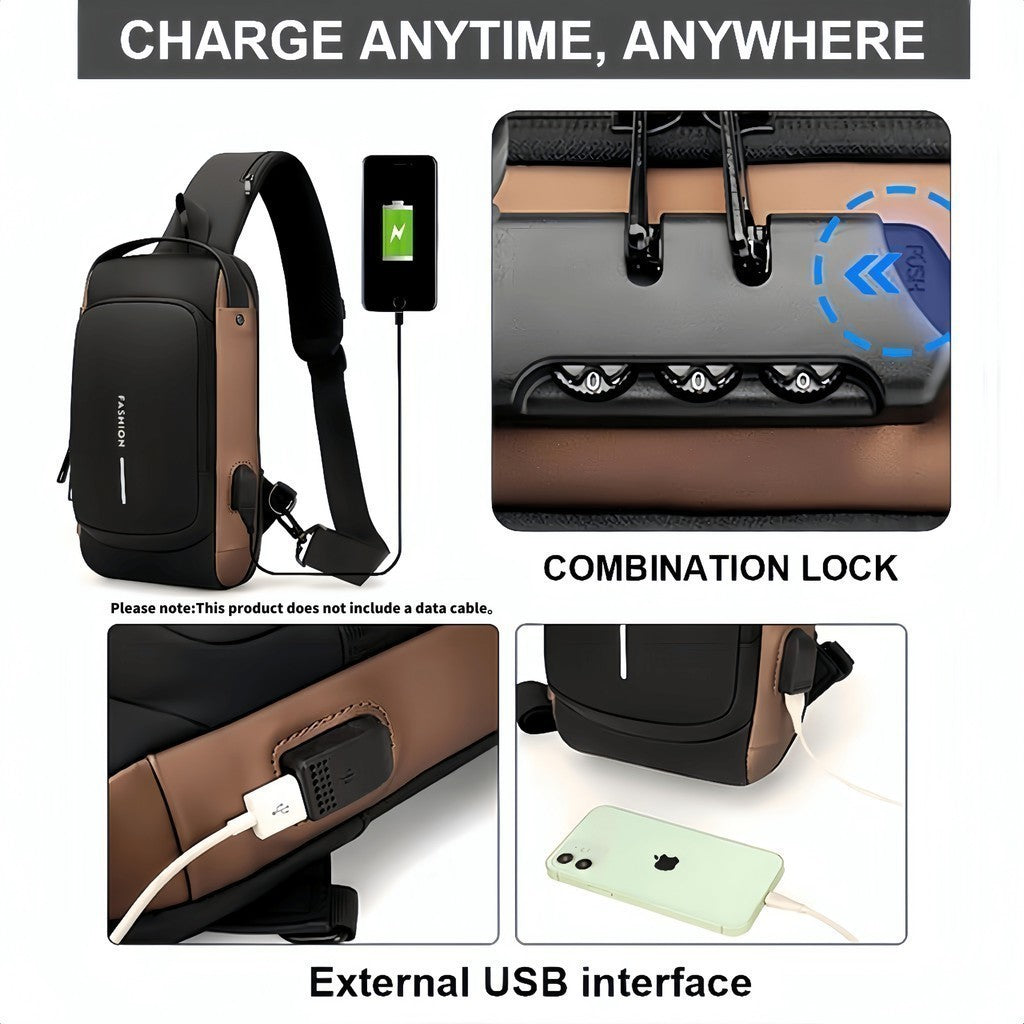 Mochila De Peito Masculina À Prova D'Água Com Trava e USB - AMZ