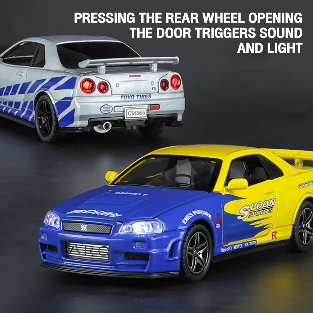 Nissan GTR R34 1:32 Diecast Liga Som Luz Portas Abríveis | AMZ Para Você