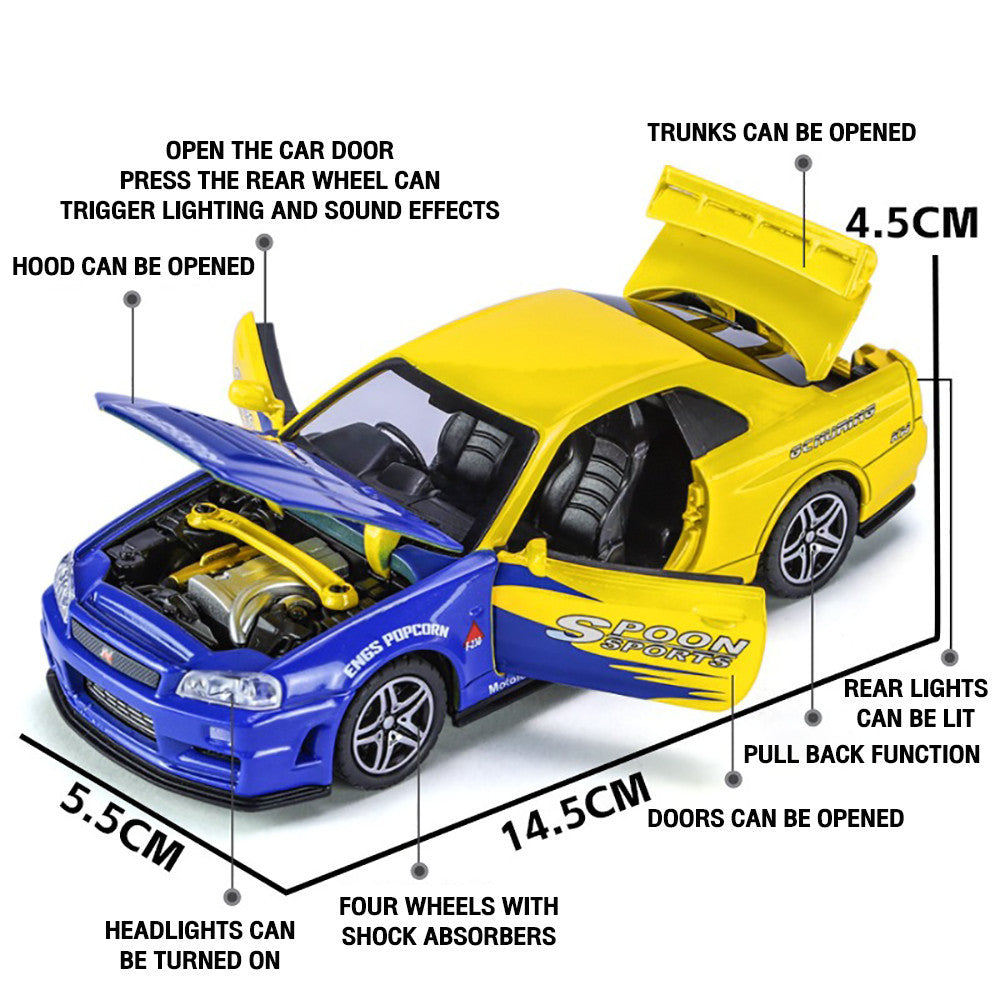 Nissan GTR R34 1:32 Diecast Liga Som Luz Portas Abríveis | AMZ Para Você