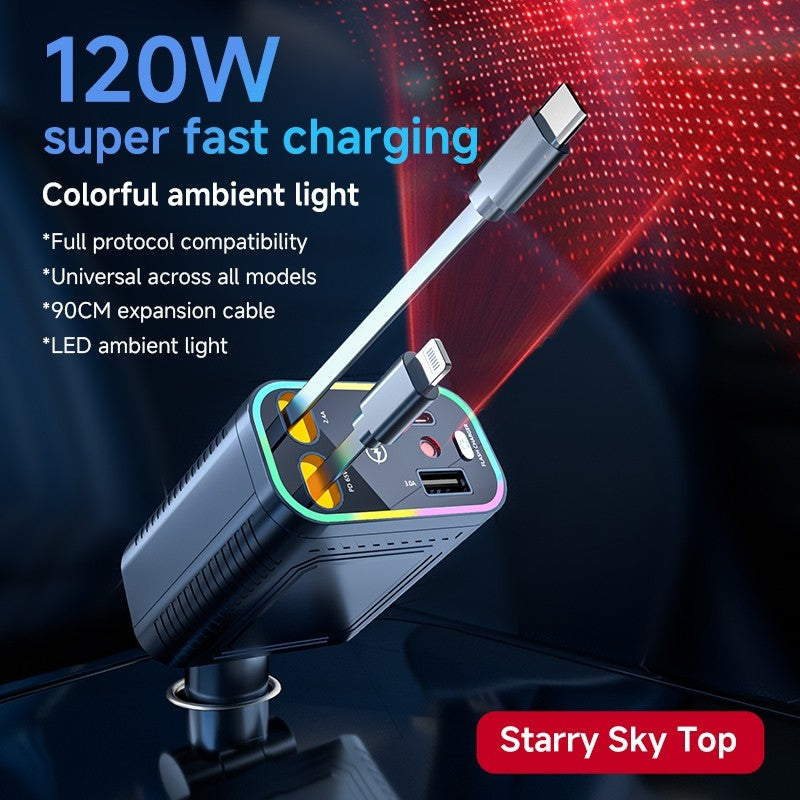 Carregador De Carro Retrátil 4 Em 1 De 120 W De Carregamento Rápido Com Cabo USB Tipo C E 2 Portas , Universal