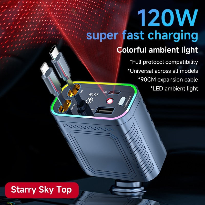 Carregador De Carro Retrátil 4 Em 1 De 120 W De Carregamento Rápido Com Cabo USB Tipo C E 2 Portas , Universal