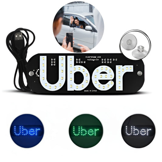 Placa Uber Letreiro para Carro Iluminação 3 Cores com Ventosa Para-Brisa USB com Botão Liga e Desliga