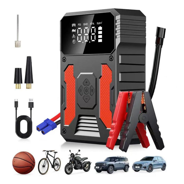 Auxiliar Partida, Bateria 4 em 1 + Compressor Ar 150 PSI com LED - AMZ