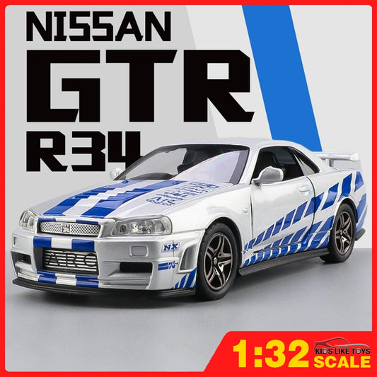 Nissan GTR R34 1:32 Diecast Liga Som Luz Portas Abríveis | AMZ Para Você