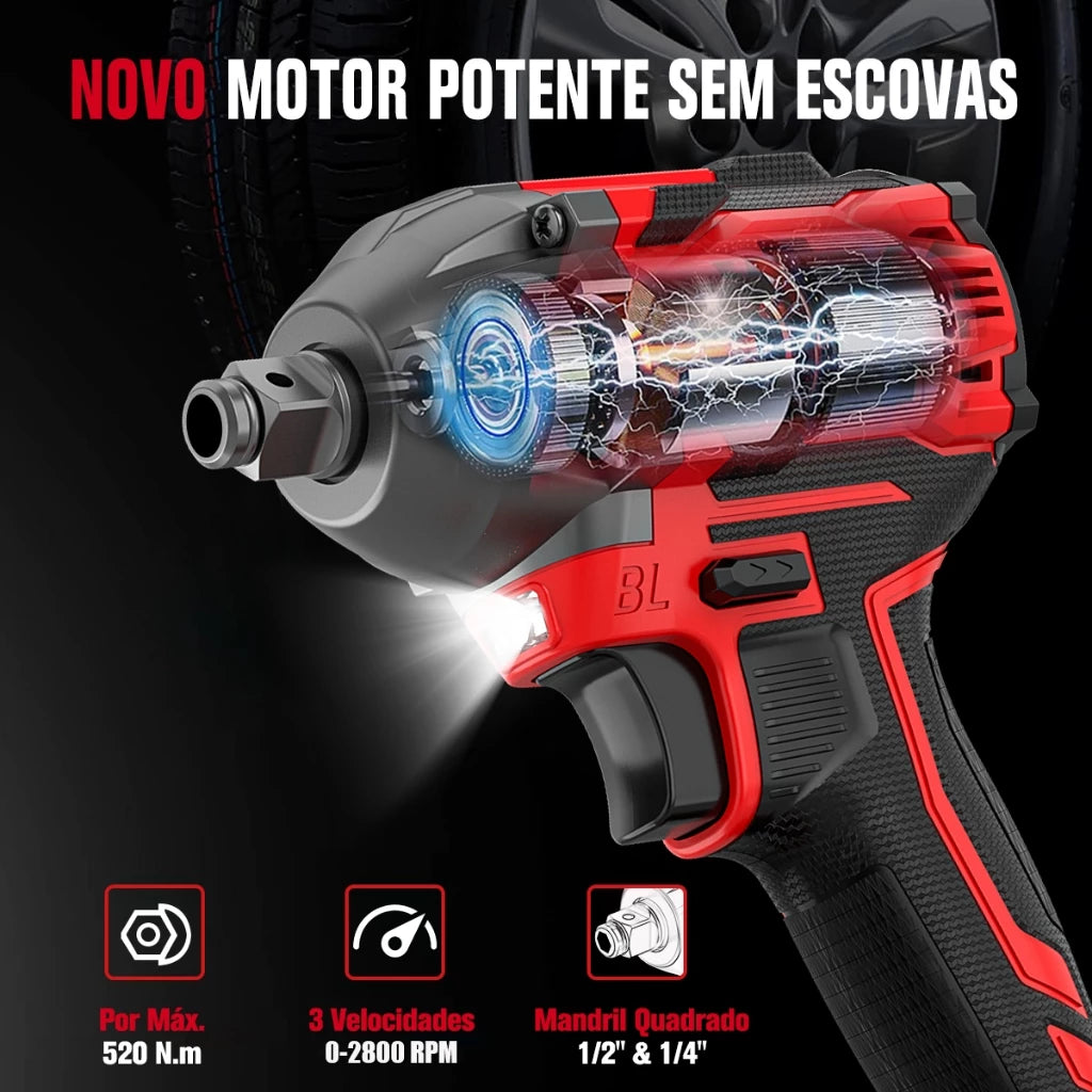Chave de Impacto Com Led 520 N·m 21V - Chave Torque 2 Bateria