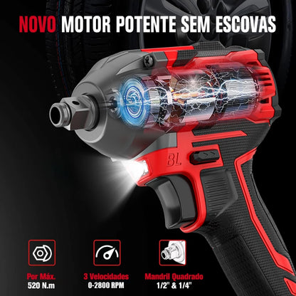Chave de Impacto Com Led 520 N·m 21V - Chave Torque 2 Bateria