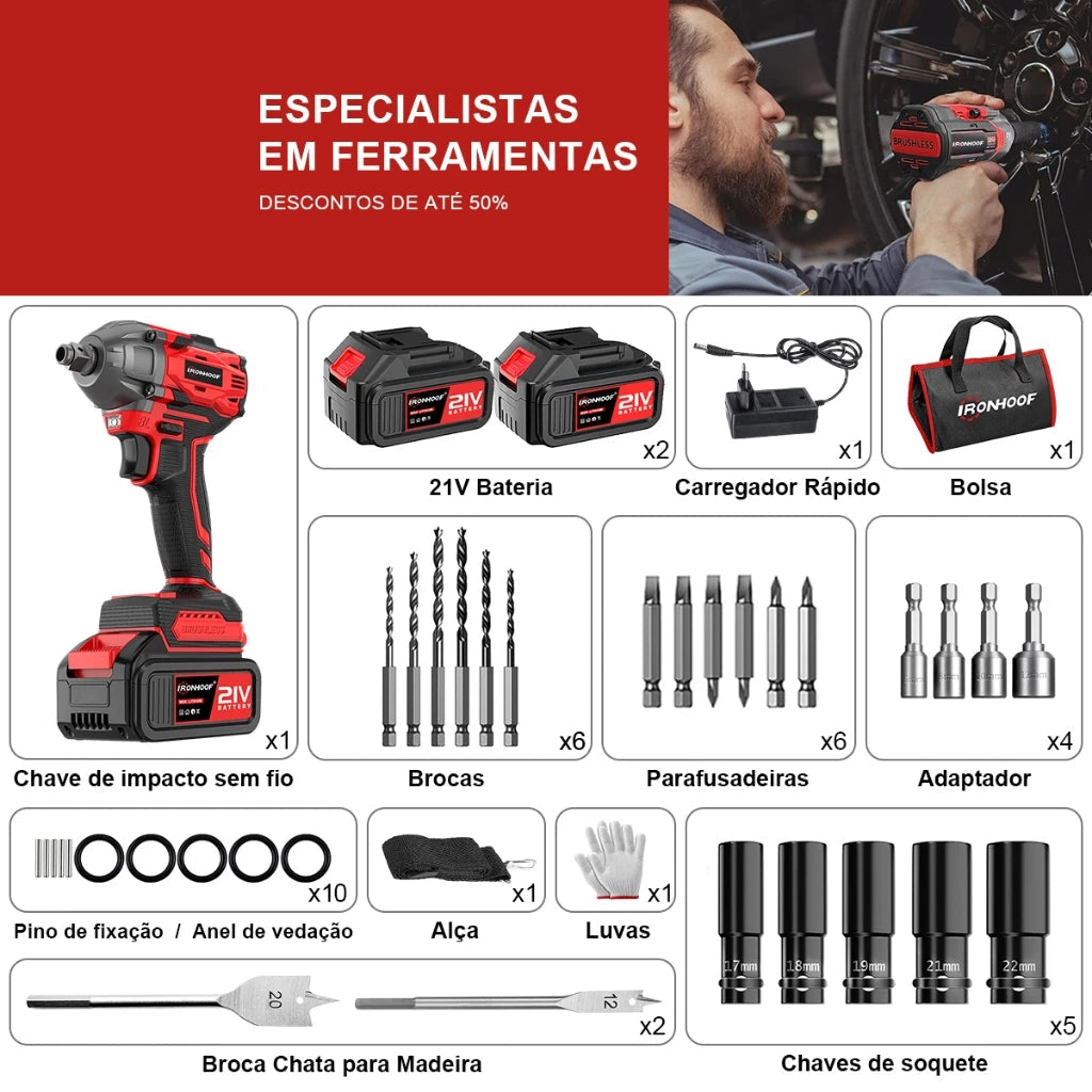 Chave de Impacto Com Led 520 N·m 21V - Chave Torque 2 Bateria