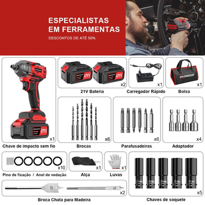 Chave de Impacto Com Led 520 N·m 21V - Chave Torque 2 Bateria