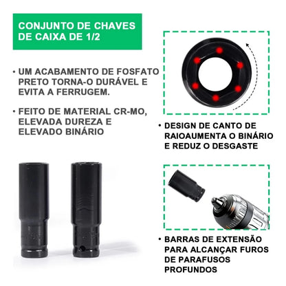 Jogo de Soquetes de Impacto Longo 8mm - 32mm - 20 Peças