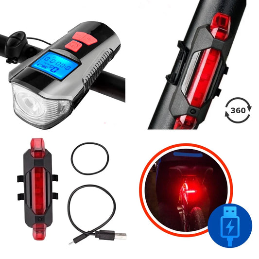 Kit Farol Bike Led Buzina e Velocimetro + Pisca Traseiro
