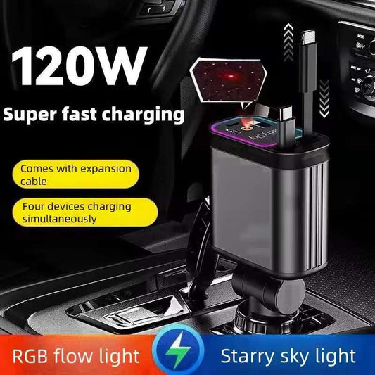 Carregador De Carro Retrátil 4 Em 1 De 120 W De Carregamento Rápido Com Cabo USB Tipo C E 2 Portas , Universal